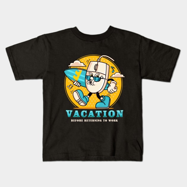 Vacation, retro mouse cartoon character on vacation while carrying a surfboard Kids T-Shirt by Vyndesign